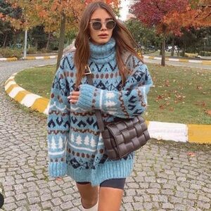 ZARA OVERSIZED THICK COMFY KNIT JACQUARD TURTLENECK SWEATER MEDIUM